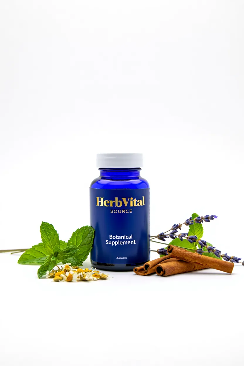 HerbVital Source botanical supplement bottle with natural herbs and green leaves on a clean background